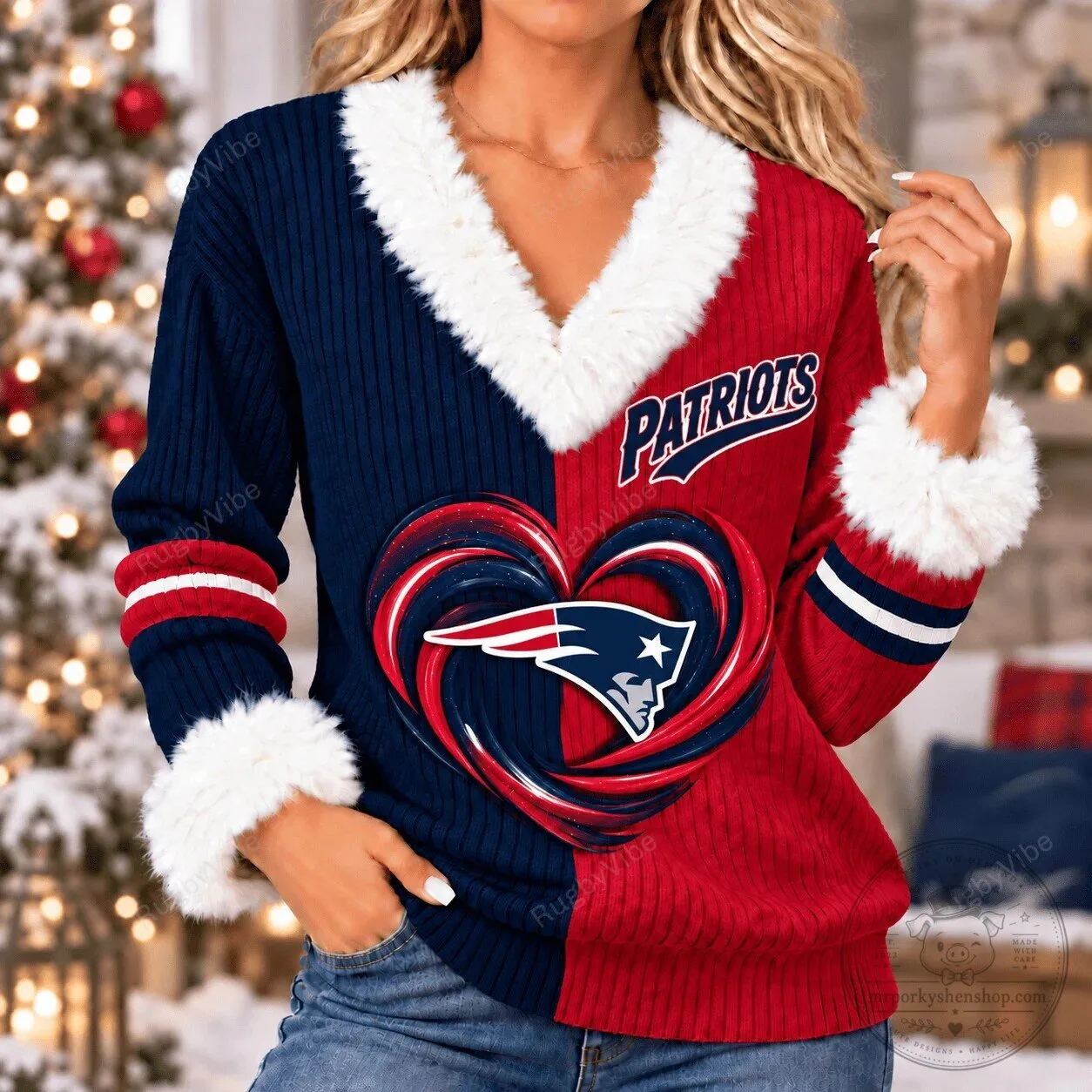New England Patriots Christmas Heart Logo Red and Blue Faux Fur Sweater 1 New England Patriots Christmas Heart Logo Red and Blue Faux Fur Sweater