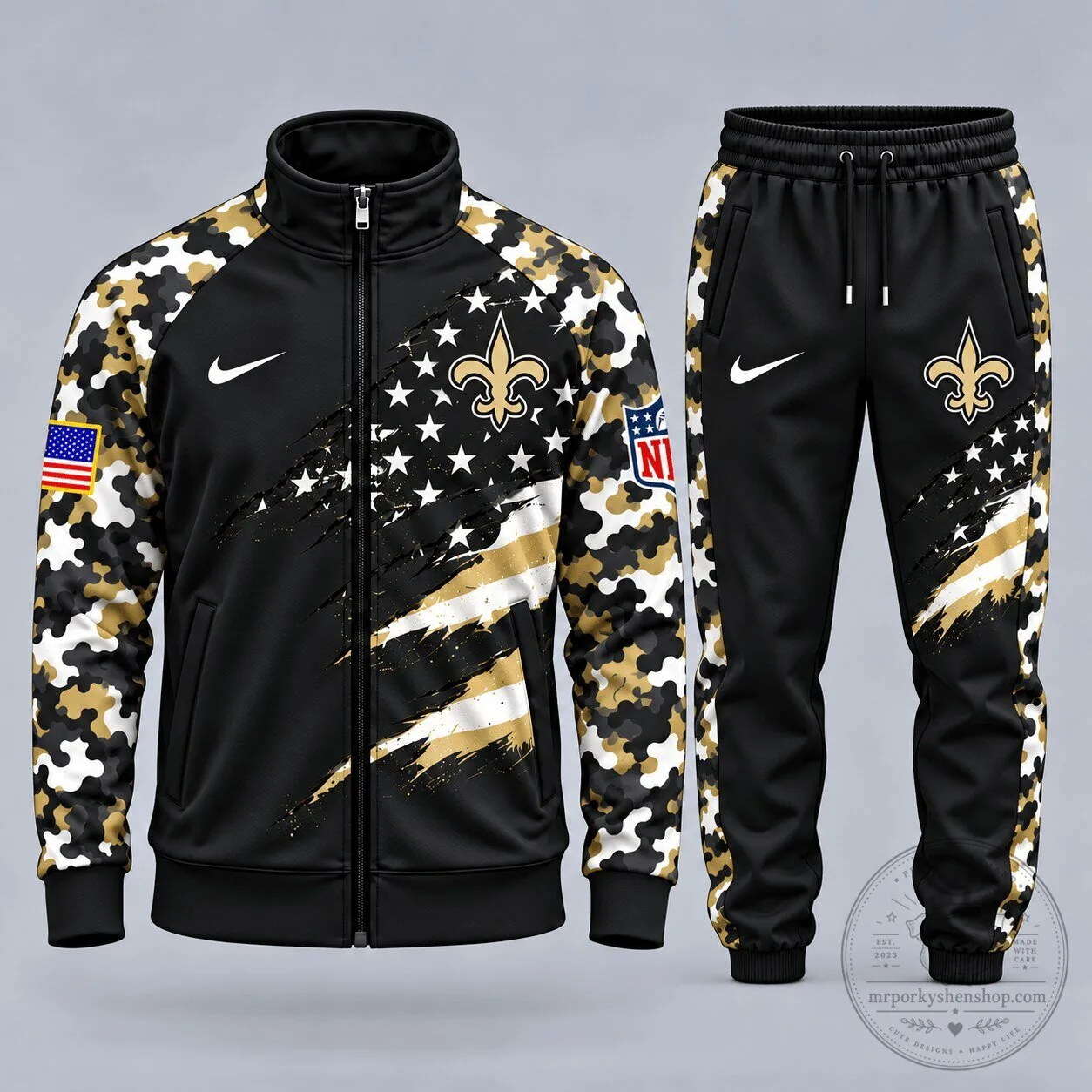 New Orleans Saints American Flag Camouflage Pattern Full-Zip Tracksuit Jacket