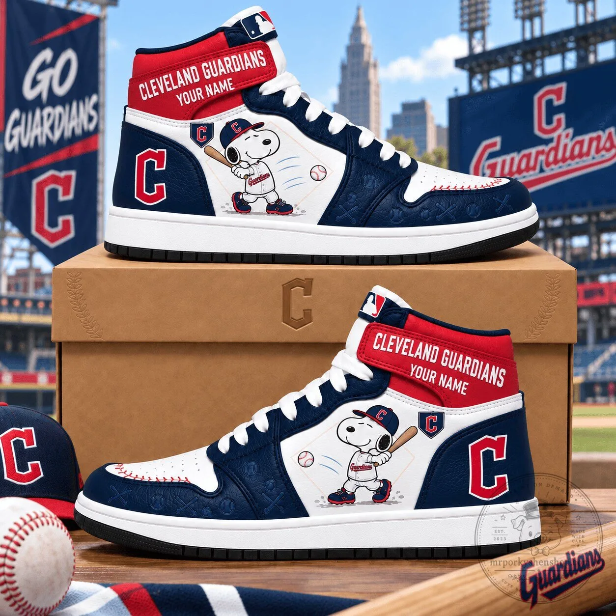 Cleveland Guardians Snoopy Baseball High Top Sneakers Custom Name Shoes