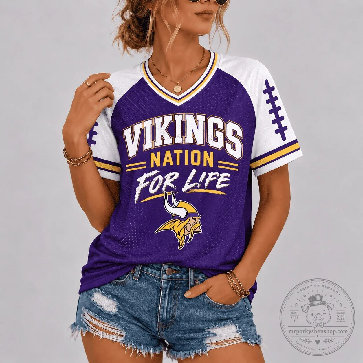 Minnesota Vikings Nation For Life Football Team Fan V-Neck Jersey 2 Minnesota Vikings Nation For Life Football Team Fan V-Neck Jersey