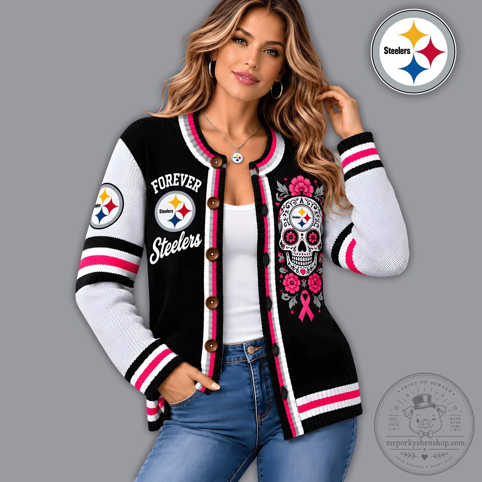 Pittsburgh Steelers Floral Skull Breast Cancer Awareness Knit Cardigan