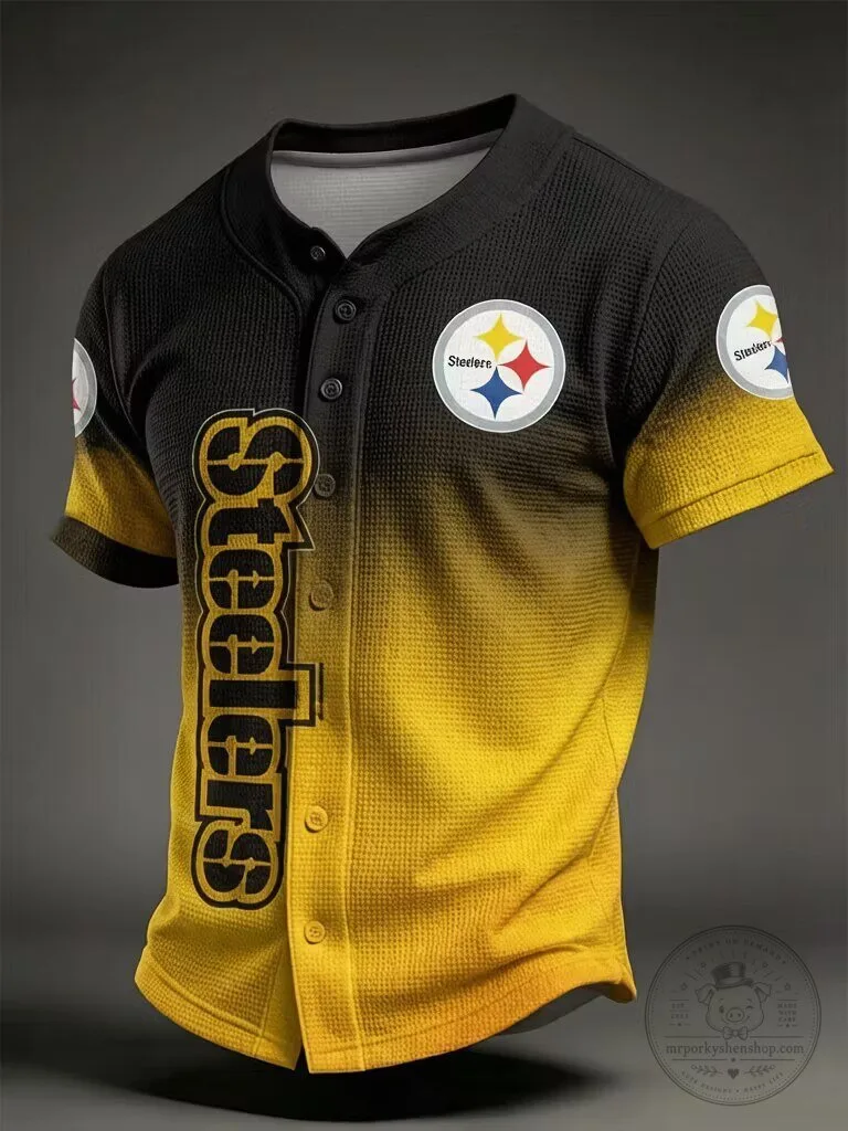 Pittsburgh Steelers Black and Gold Fade Button-Up Baseball Jersey 1 Pittsburgh Steelers Black and Gold Fade Button-Up Baseball Jersey