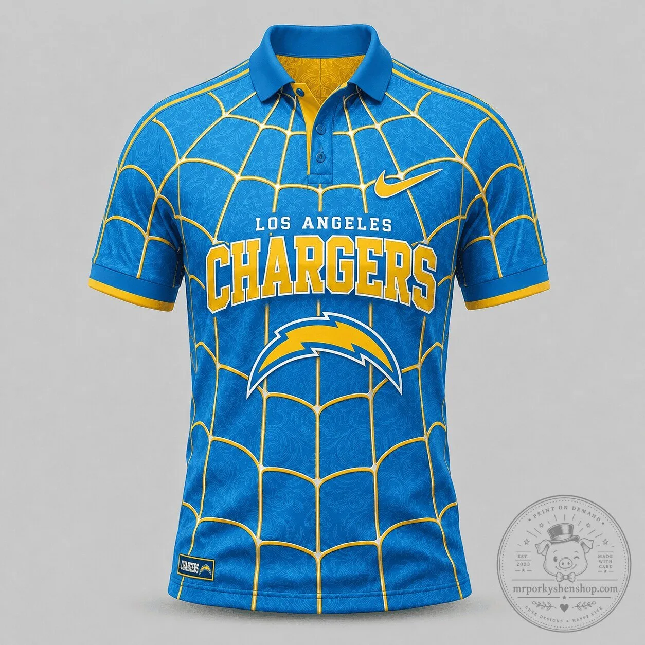 Los Angeles Chargers Spider-Man Inspired Blue and Yellow Fan Polo Shirt 3 Los Angeles Chargers Spider-Man Inspired Blue and Yellow Fan Polo Shirt