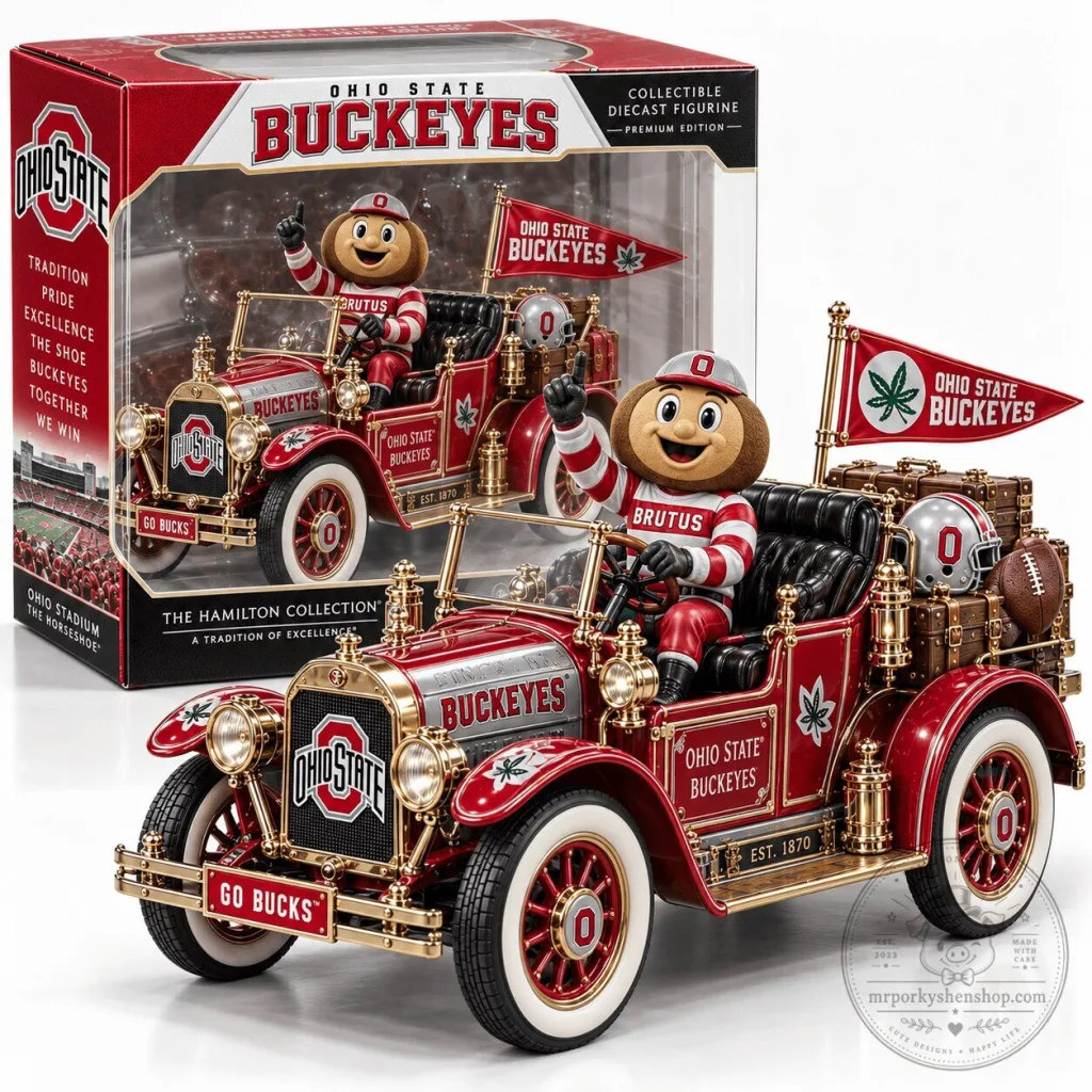 Ohio State Buckeyes Brutus Mascot Vintage Car Diecast Collectible Figurine Ohio State Buckeyes Brutus Mascot Vintage Car Diecast Collectible Figurine