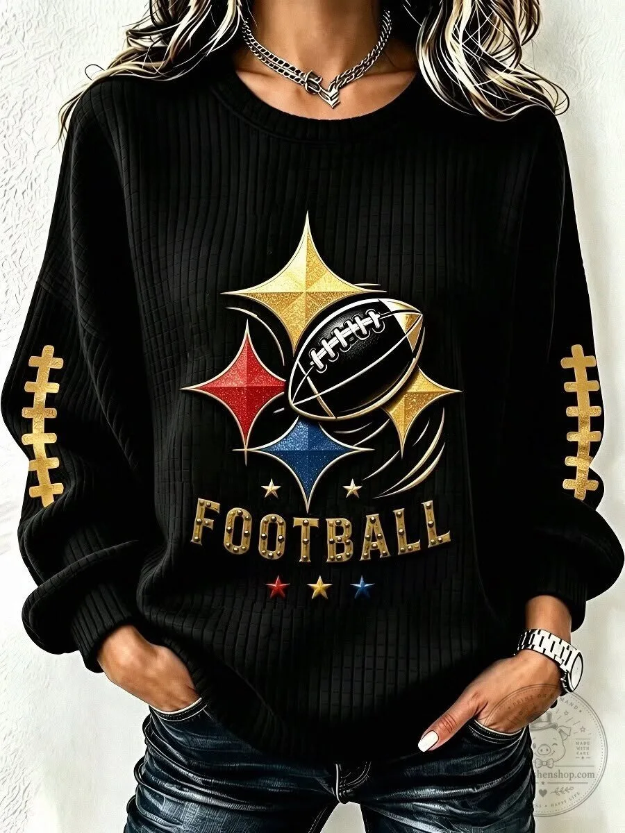 Football Season Gold Stars and Football Design Crewneck Sweatshirt for Women