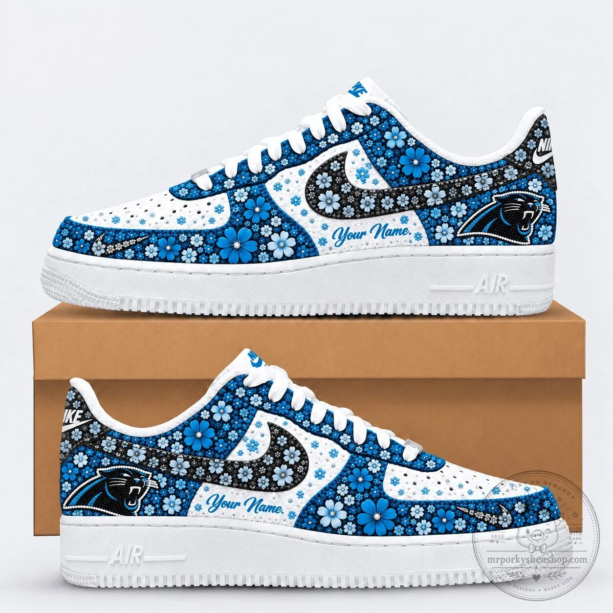 Carolina Panthers Floral Heritage Custom Name White and Blue Sneakers