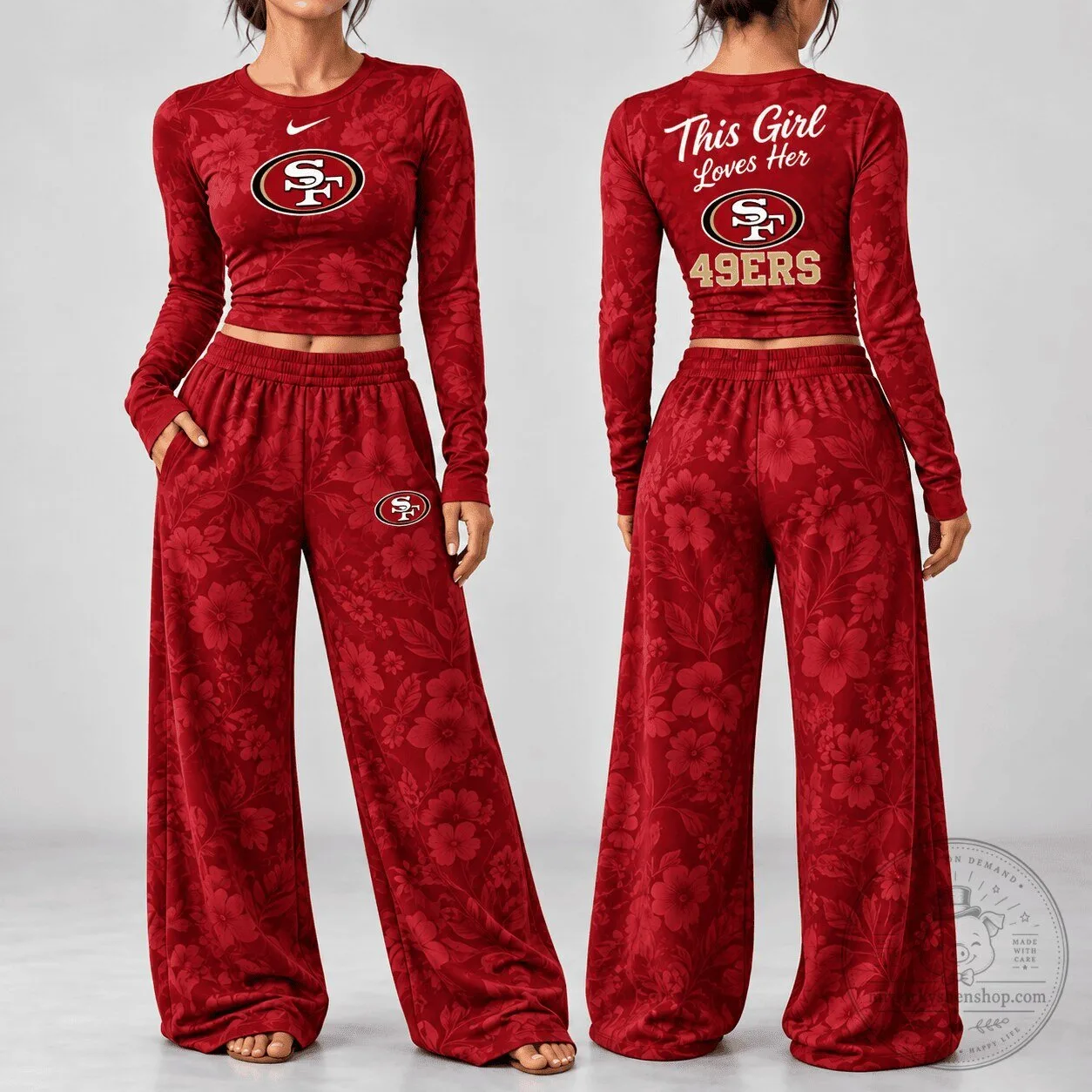 San Francisco 49ers Floral Long Sleeve Shirt and Pants Pajamas Set