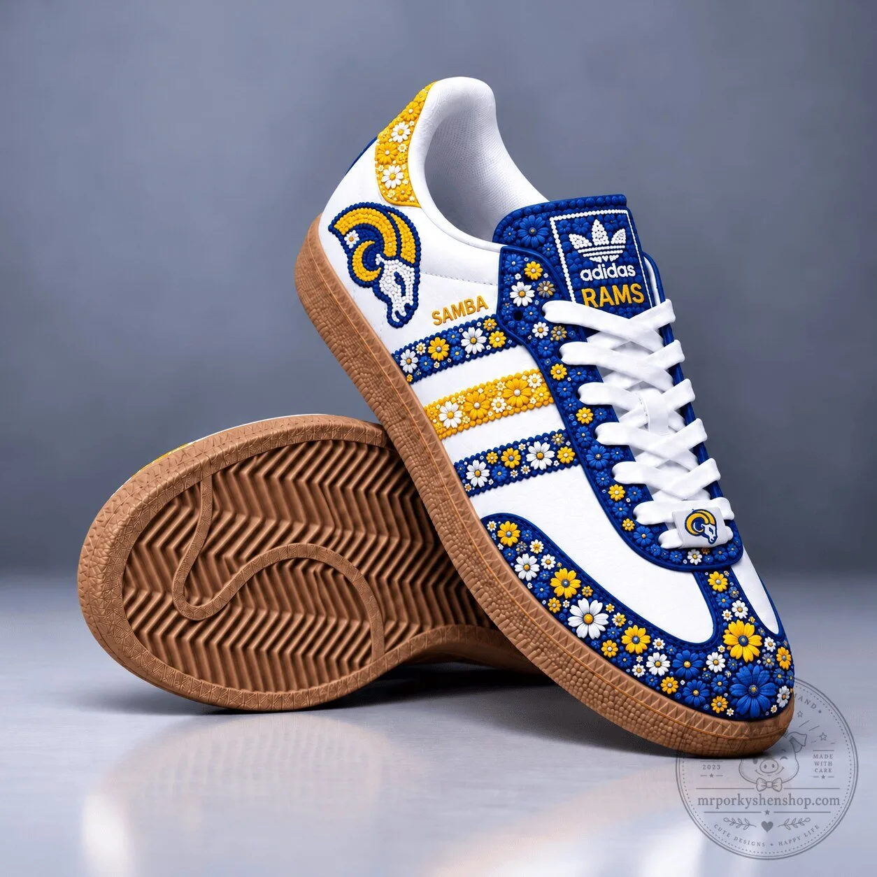 Los Angeles Rams Floral Pattern White Blue Yellow Adidas Samba Shoes
