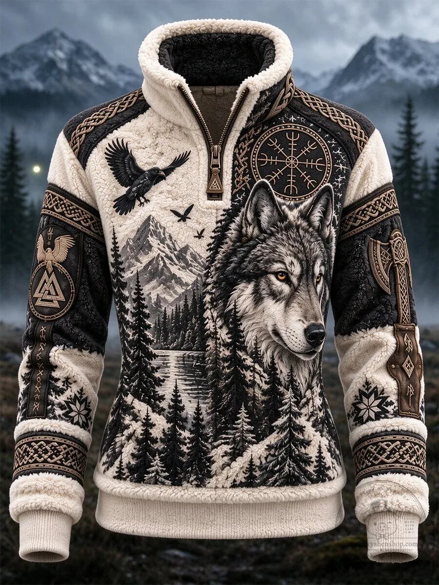 Viking Wolf Mountain Forest Raven Sherpa Fleece Quarter Zip Pullover