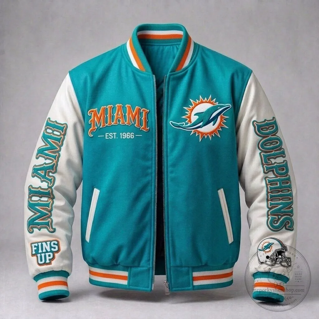 Miami Dolphins Teal and White Contrast Sleeve Embroidered Baseball Jacket 2 Miami Dolphins Teal and White Contrast Sleeve Embroidered Baseball Jacket