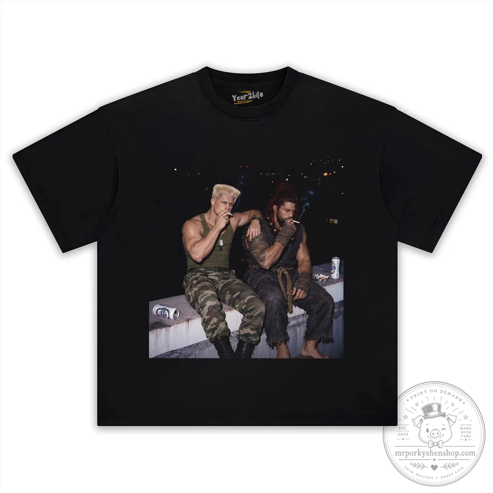 Street Fighter Cody Rhodes and Roman Reigns Black Graphic T-Shirt
