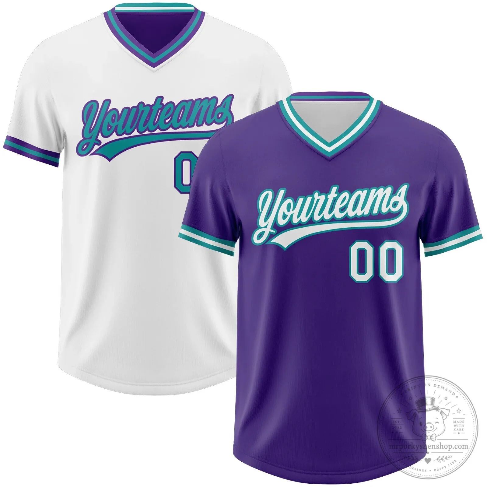 Custom Purple Teal White Reversible V-Neck Baseball Jersey Shirt 2 Custom Purple Teal White Reversible V-Neck Baseball Jersey Shirt