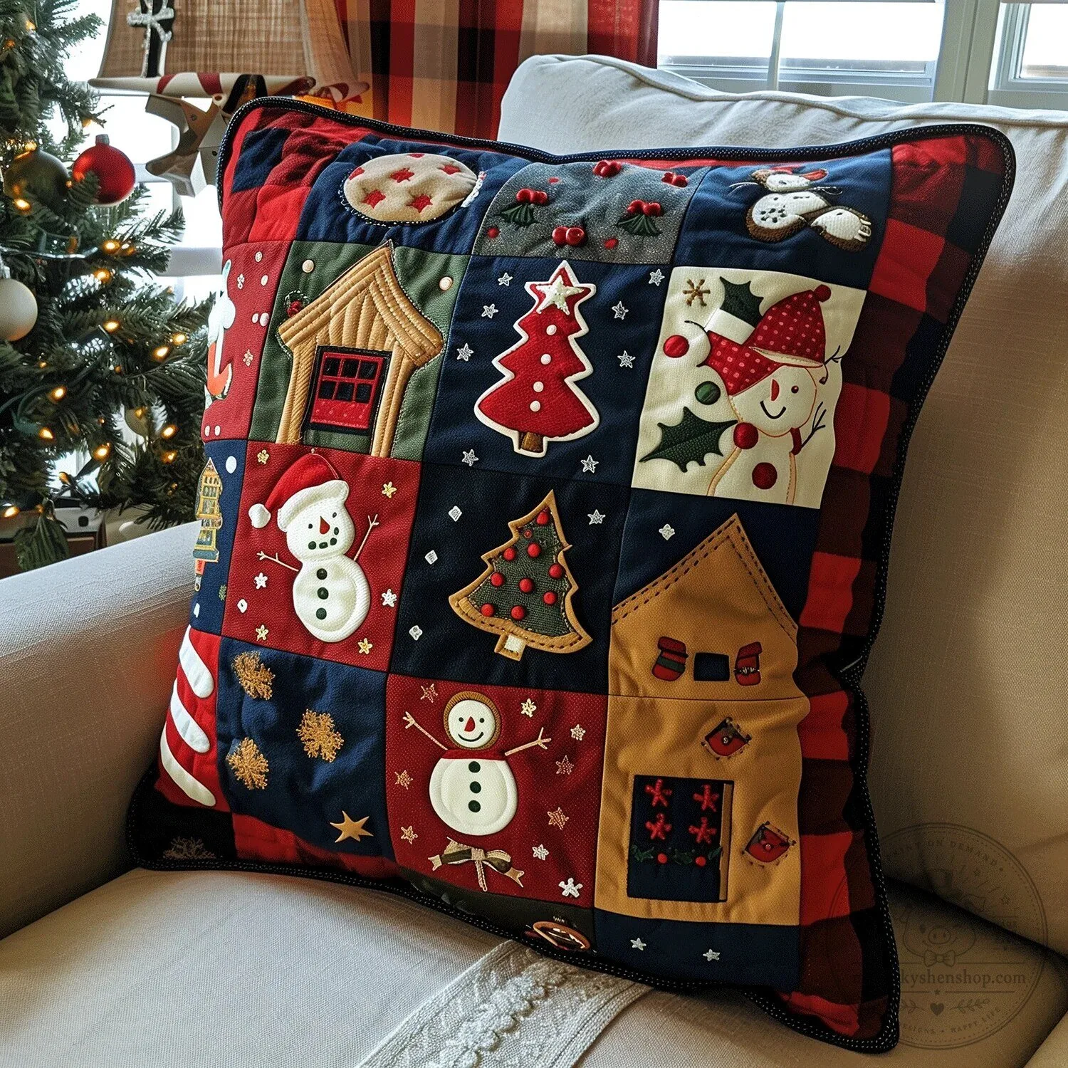 Christmas Holiday Frosty Friends Quilted Patchwork Decorative Throw Pillow