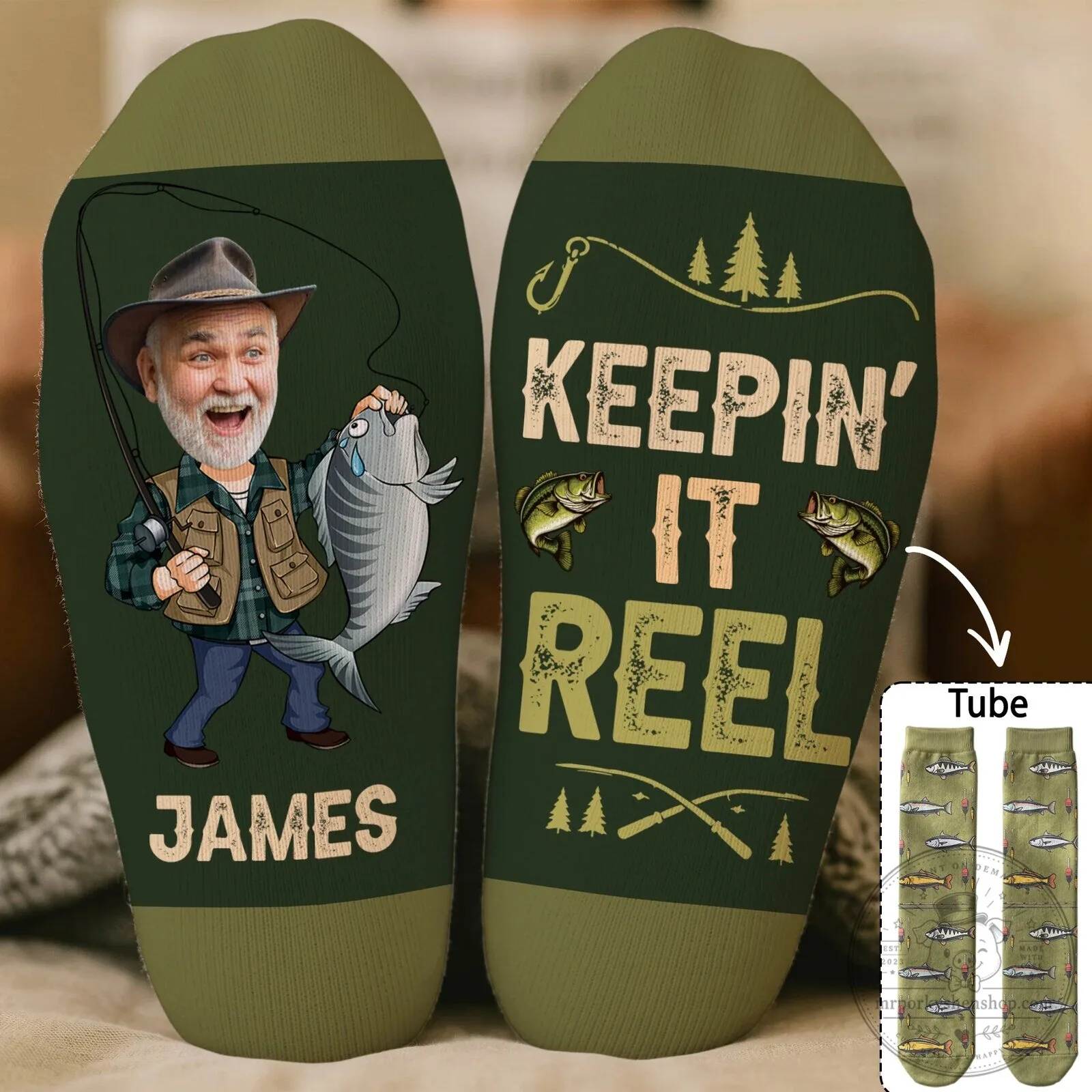 Personalized Fishing Cartoon Portrait Socks for Men, Keepin' It Reel Funny Gift