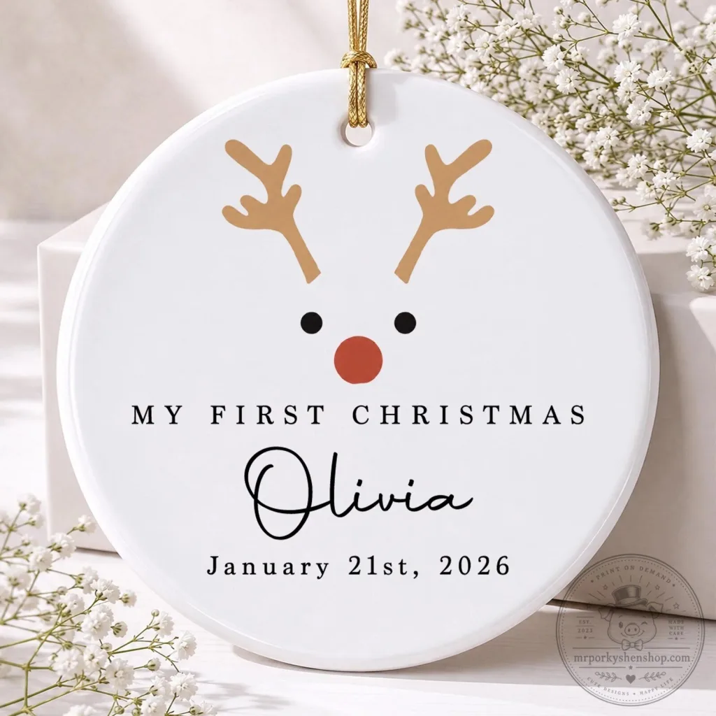 Personalized My First Christmas Reindeer Baby Name Date Ceramic Ornament Personalized My First Christmas Reindeer Baby Name Date Ceramic Ornament