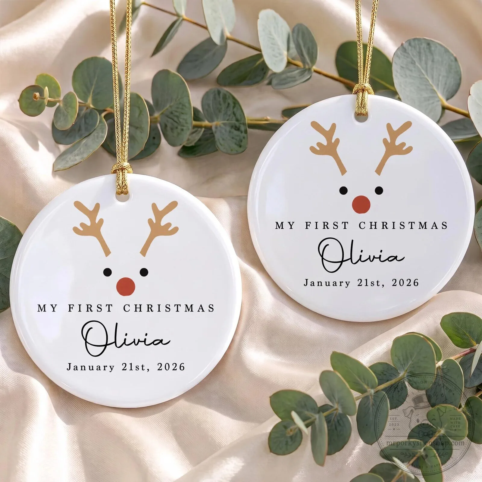 Personalized My First Christmas Reindeer Baby Name Date Ceramic Ornament 18 Personalized My First Christmas Reindeer Baby Name Date Ceramic Ornament