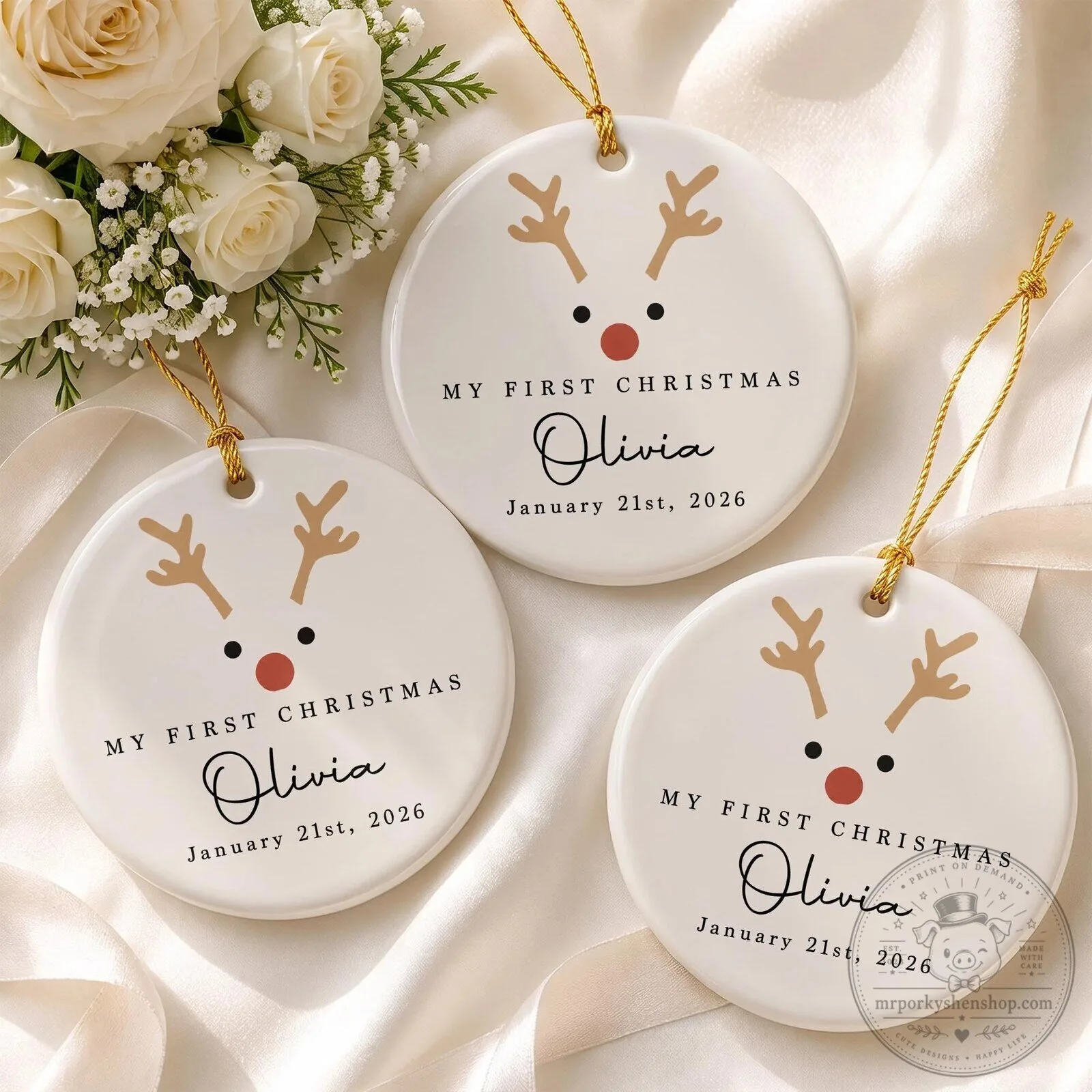 Personalized My First Christmas Reindeer Baby Name Date Ceramic Ornament 19 Personalized My First Christmas Reindeer Baby Name Date Ceramic Ornament