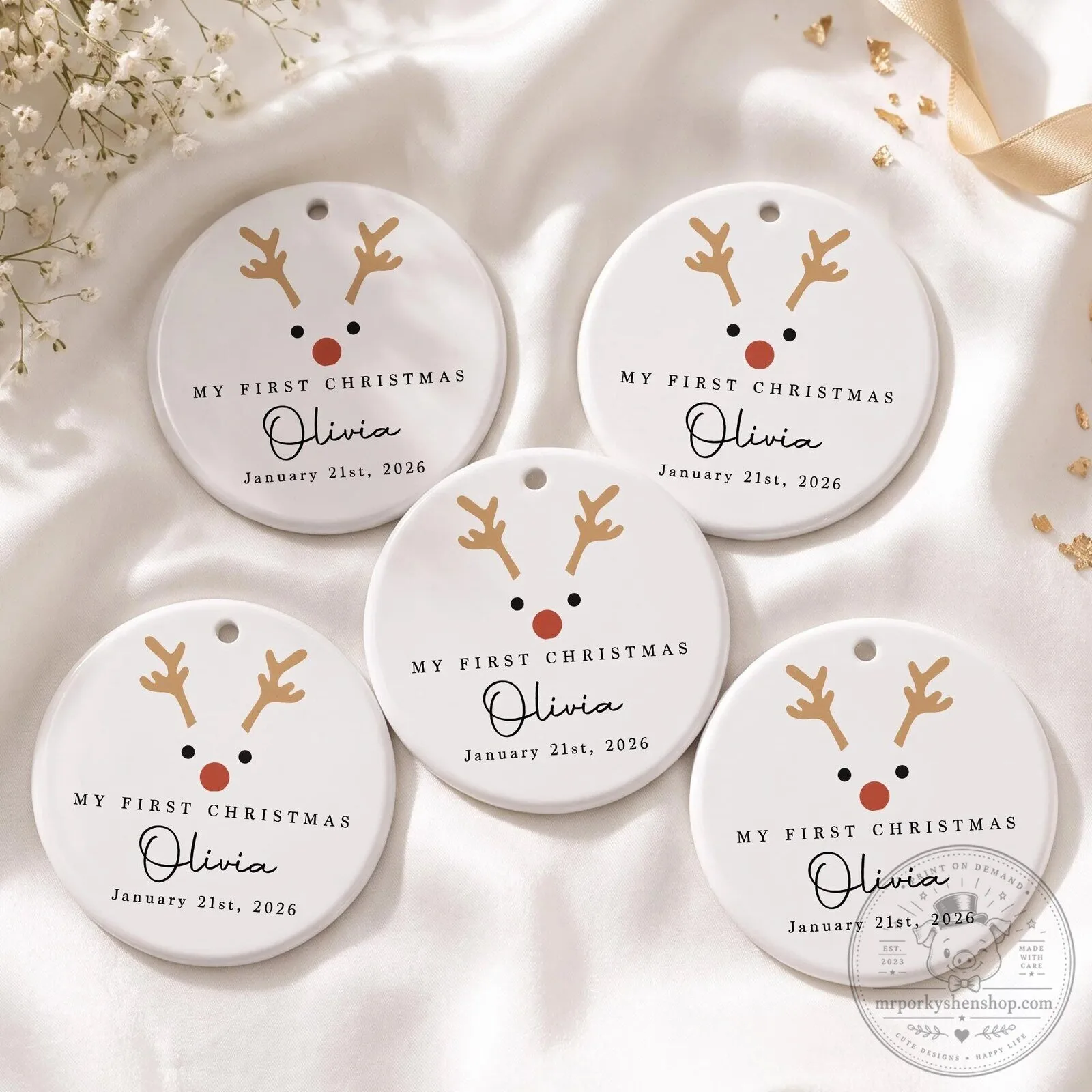 Personalized My First Christmas Reindeer Baby Name Date Ceramic Ornament 23 Personalized My First Christmas Reindeer Baby Name Date Ceramic Ornament