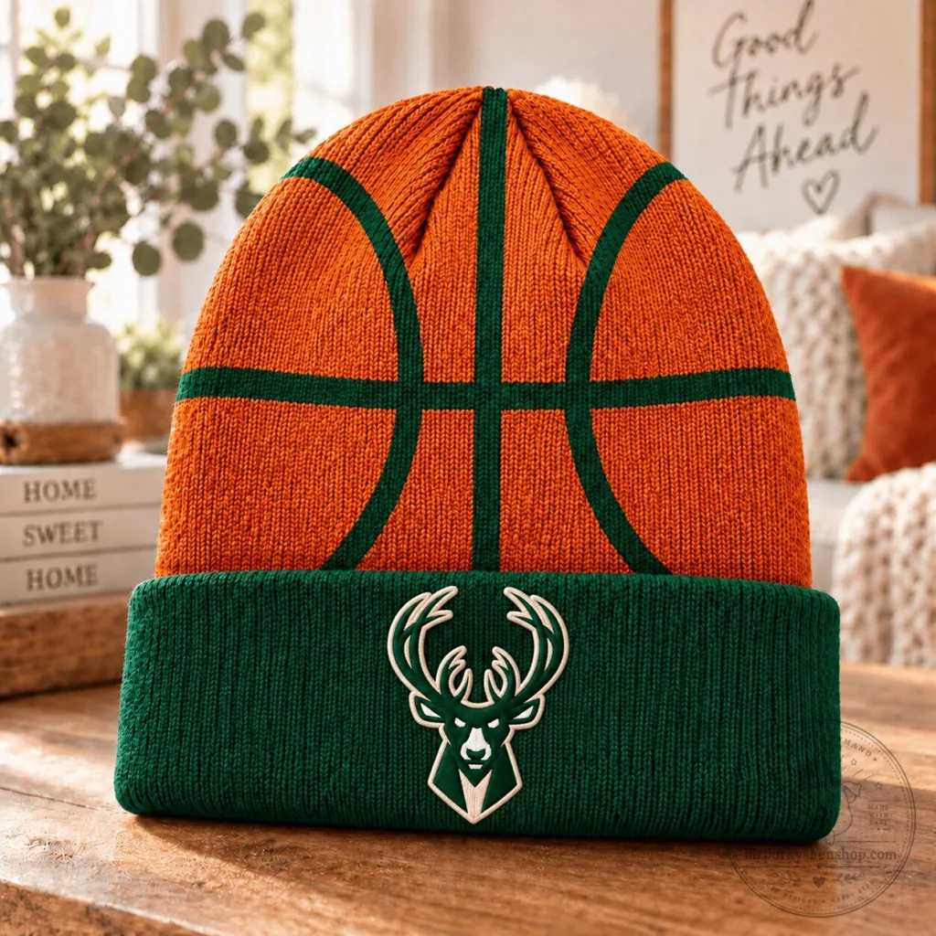 Milwaukee Bucks Basketball Logo Orange and Green Knit Beanie Cap Hat Milwaukee Bucks Basketball Logo Orange and Green Knit Beanie Cap Hat