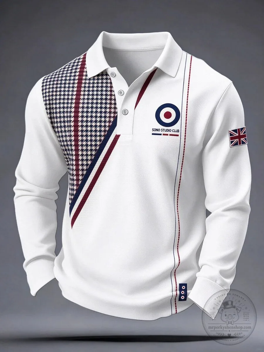 Men's United Kingdom Mod Target Houndstooth Sono Studio Club Long Sleeve Polo Shirt