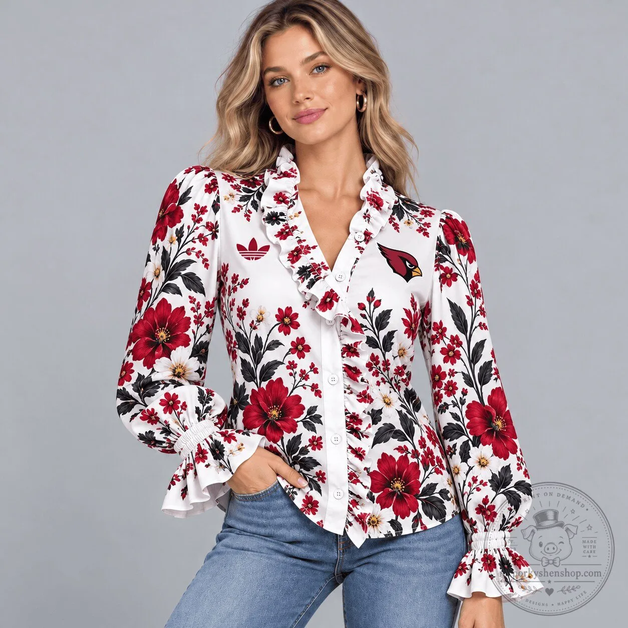 Arizona Cardinals Floral Ruffle Neck Long Sleeve Button Down Blouse