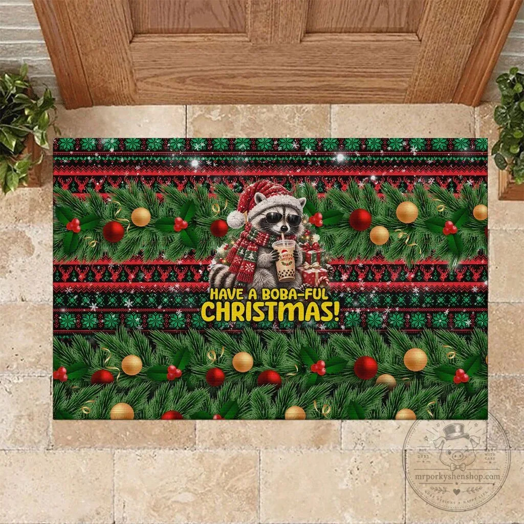 Christmas Raccoon Drinking Boba Tea Holiday Doormat