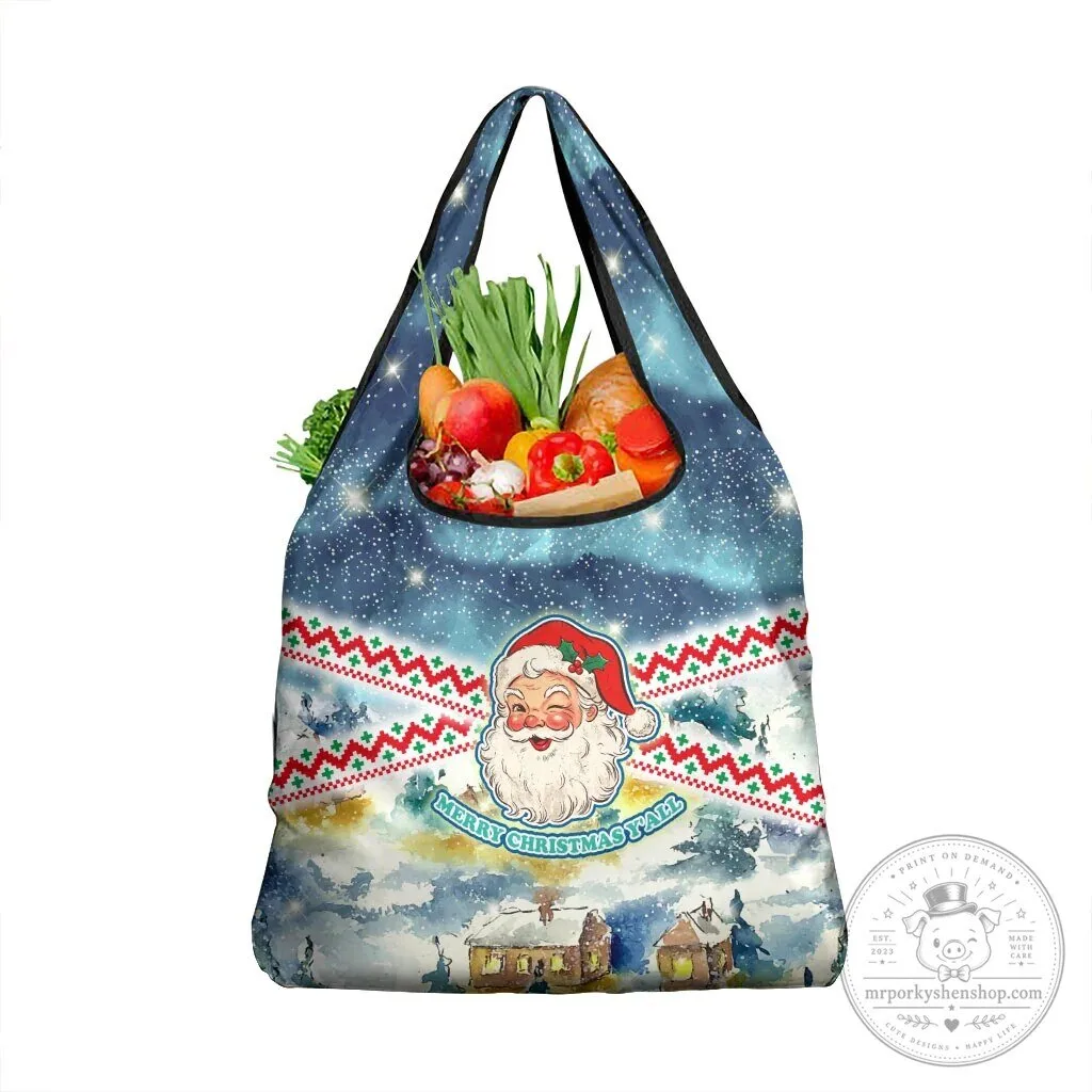 Vintage Santa Claus Merry Christmas Y'all Snowy Winter Reusable Grocery Bag