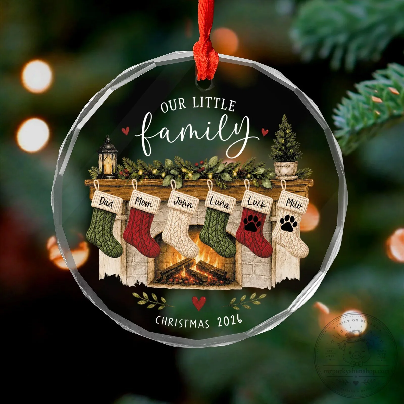 Personalized Our Little Family Christmas Stockings Fireplace Glass Ornament