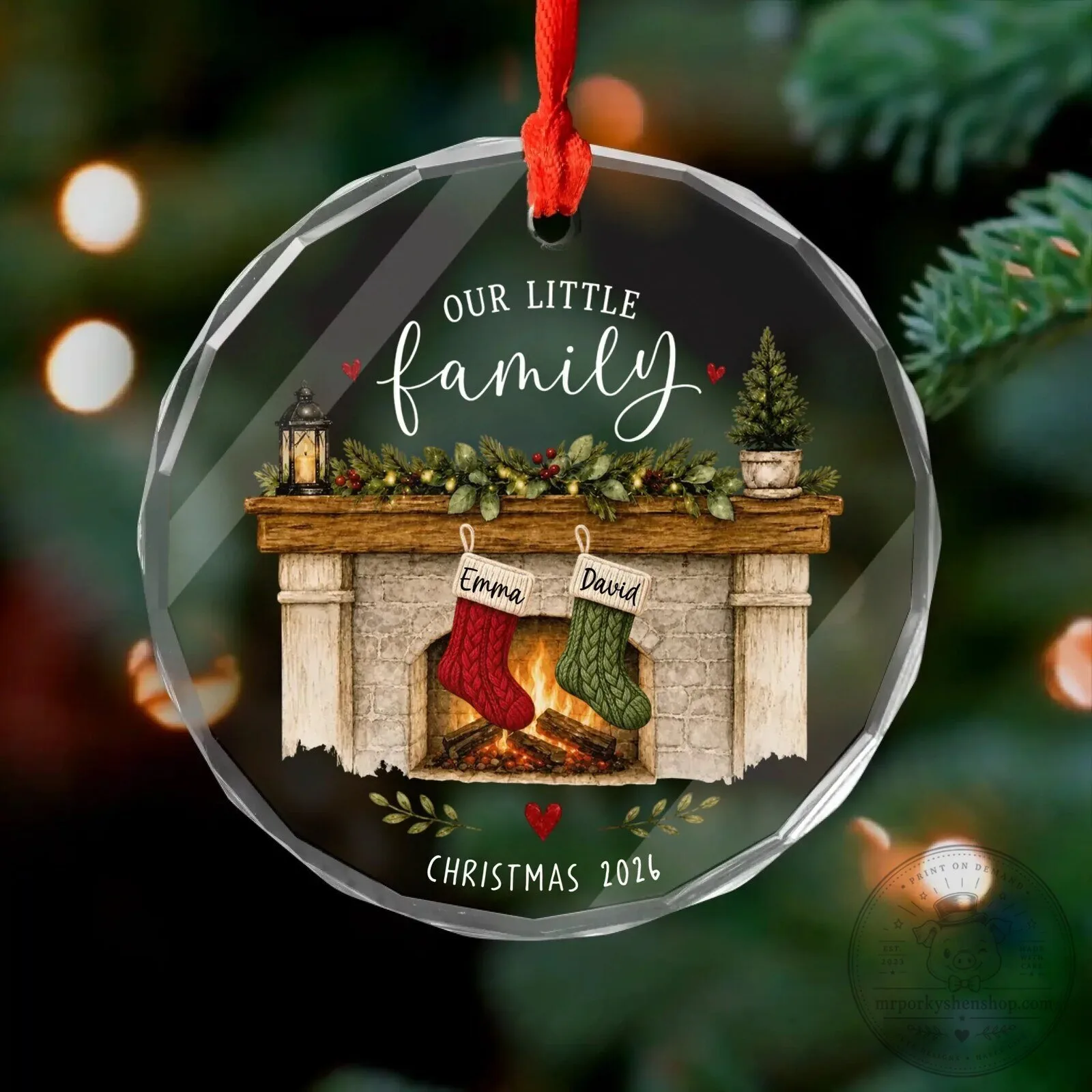 Personalized Our Little Family Christmas Stockings Fireplace Glass Ornament 11 Personalized Our Little Family Christmas Stockings Fireplace Glass Ornament