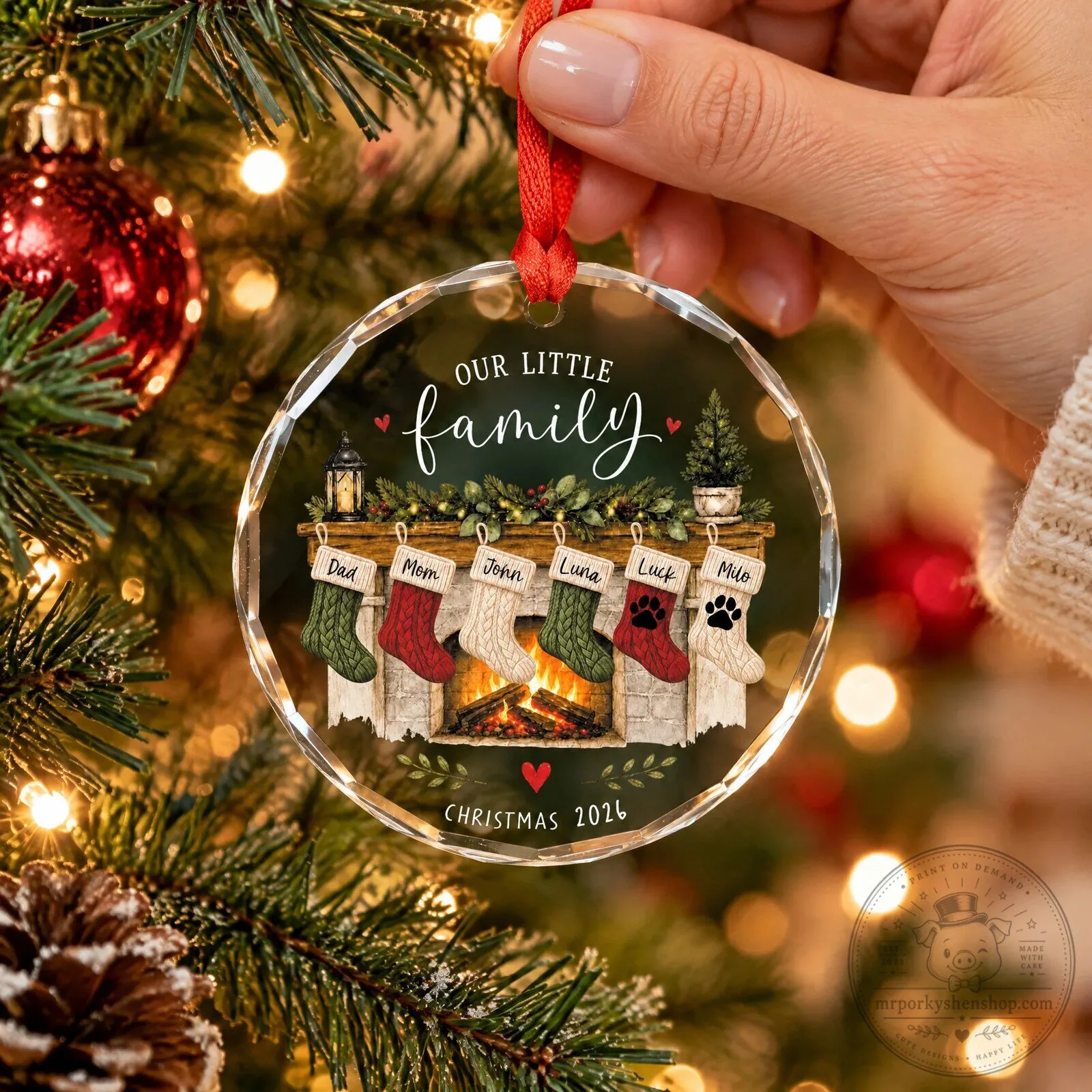 Personalized Our Little Family Christmas Stockings Fireplace Glass Ornament 12 Personalized Our Little Family Christmas Stockings Fireplace Glass Ornament
