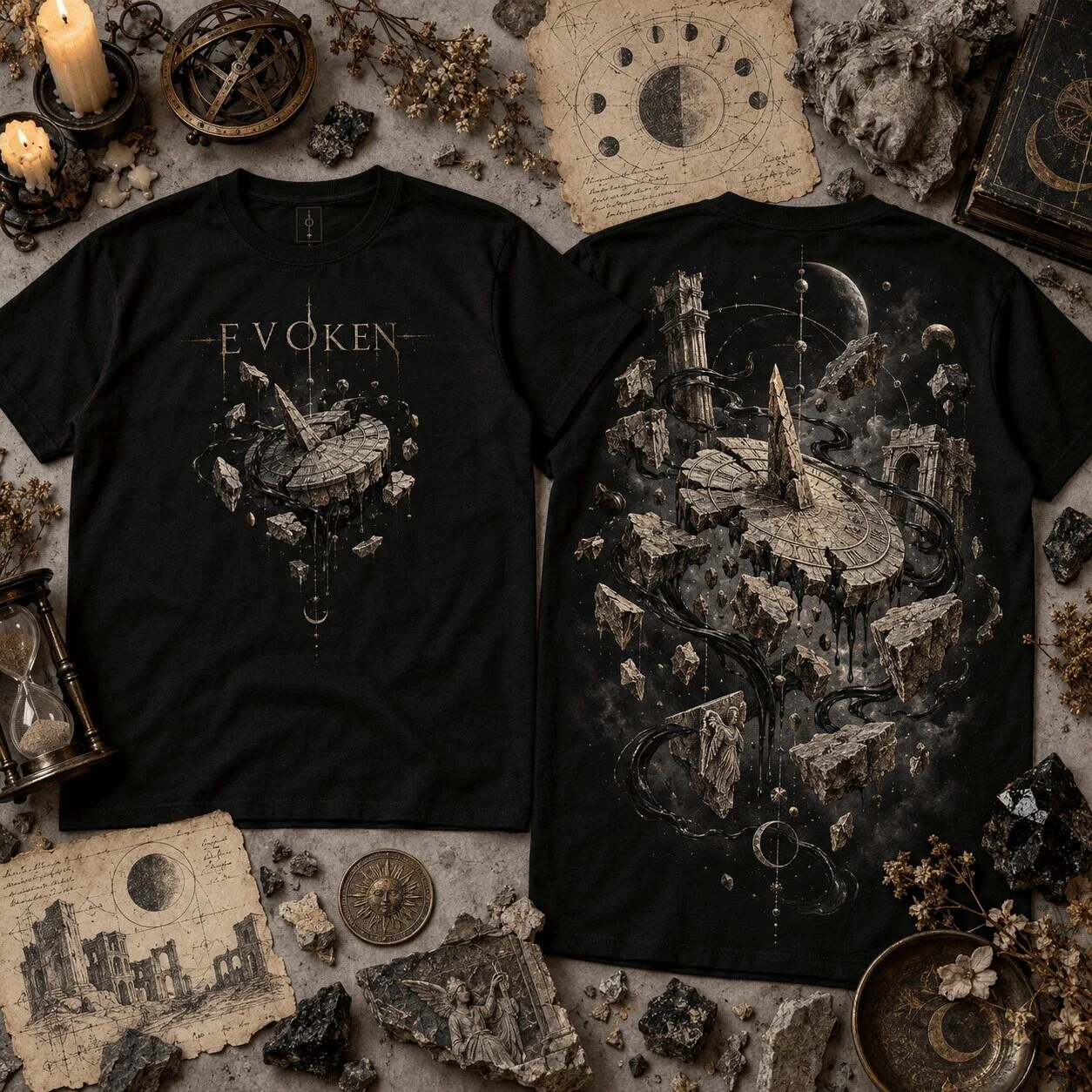Evoken Broken Stone Sundial Floating Ruins Black Liquid Dark Gothic T-Shirt