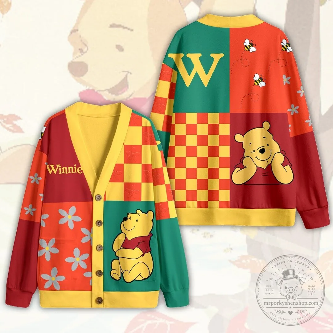 Winnie the Pooh Colorful Patchwork Design V-Neck Button Up Cardigan Sweater