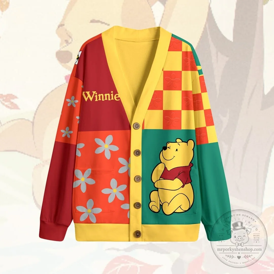 Winnie the Pooh Colorful Patchwork Design V-Neck Button Up Cardigan Sweater 8 Winnie the Pooh Colorful Patchwork Design V-Neck Button Up Cardigan Sweater