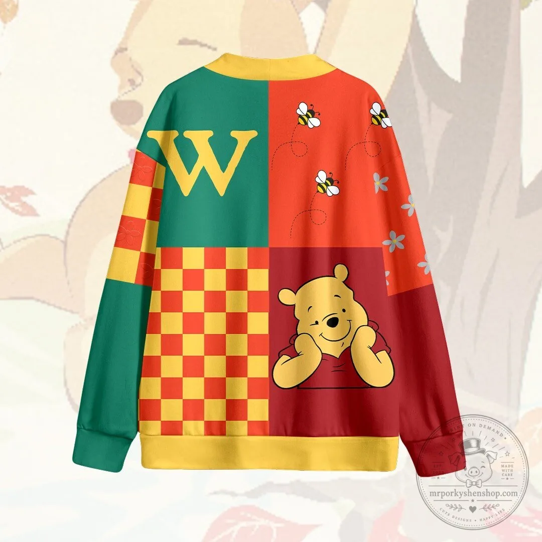 Winnie the Pooh Colorful Patchwork Design V-Neck Button Up Cardigan Sweater 9 Winnie the Pooh Colorful Patchwork Design V-Neck Button Up Cardigan Sweater