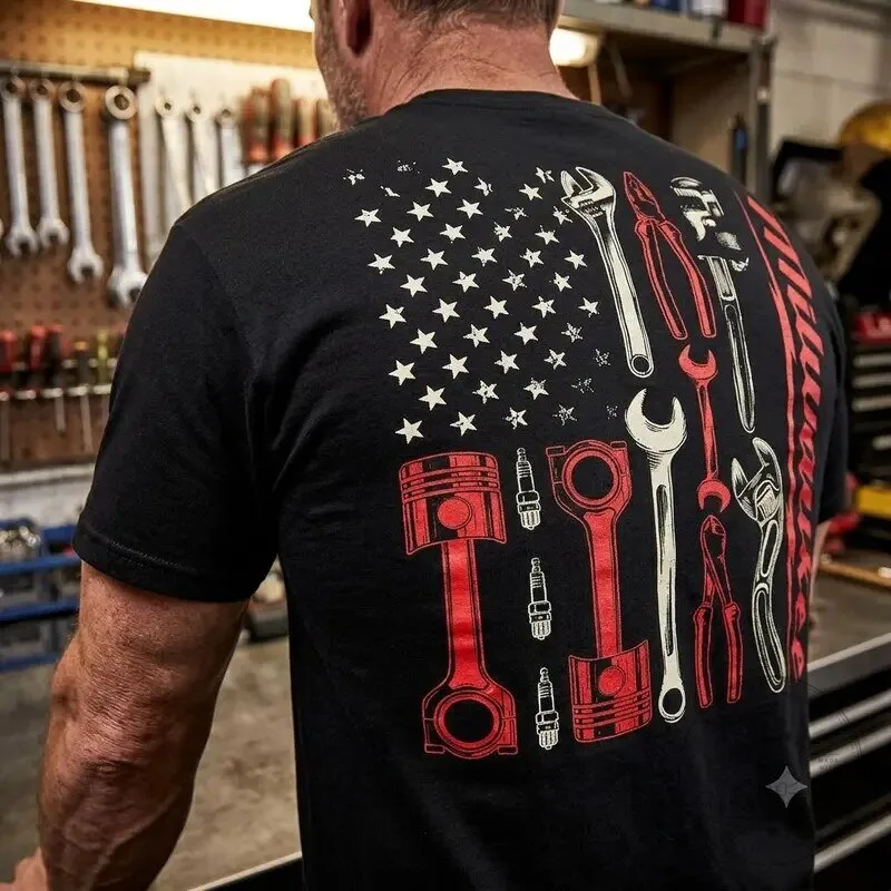 American Flag Mechanic Tools Patriotic Engine Pistons Spanners T-Shirt