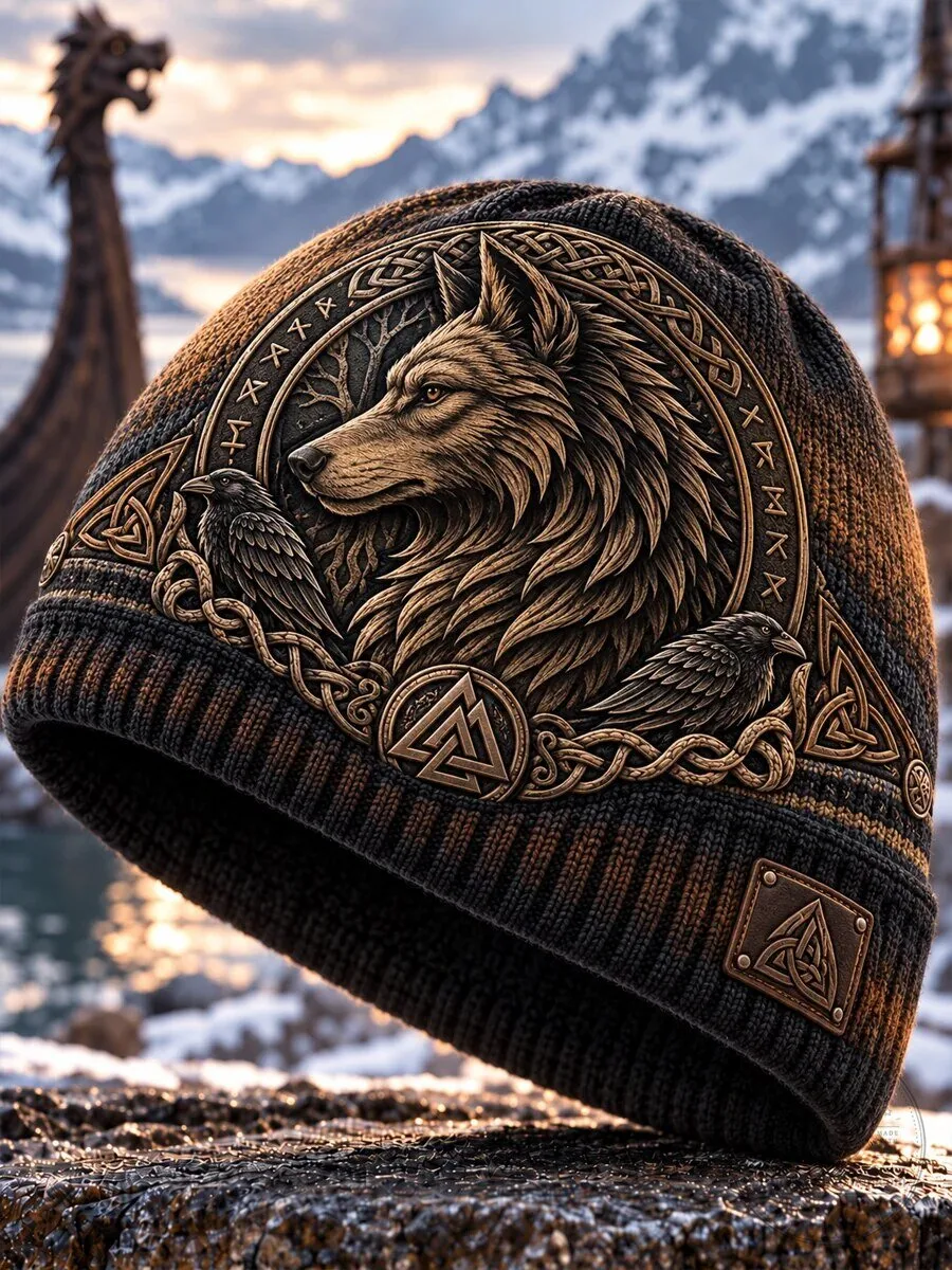 Viking Wolf Fenrir And Ravens Knitted Winter Beanie Cap Hat