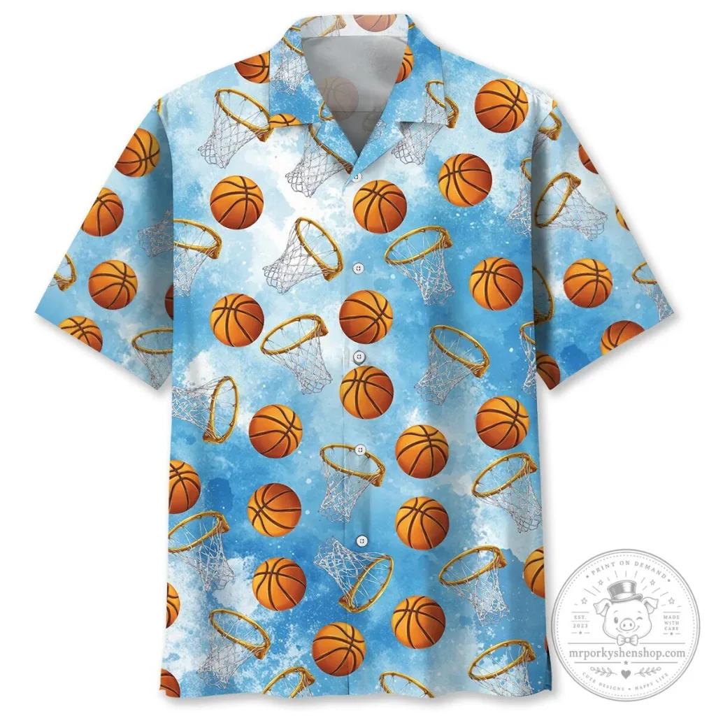 Basketball Hoop And Ball Sky Blue Hawaiian Shirt Basketball Hoop And Ball Sky Blue Hawaiian Shirt