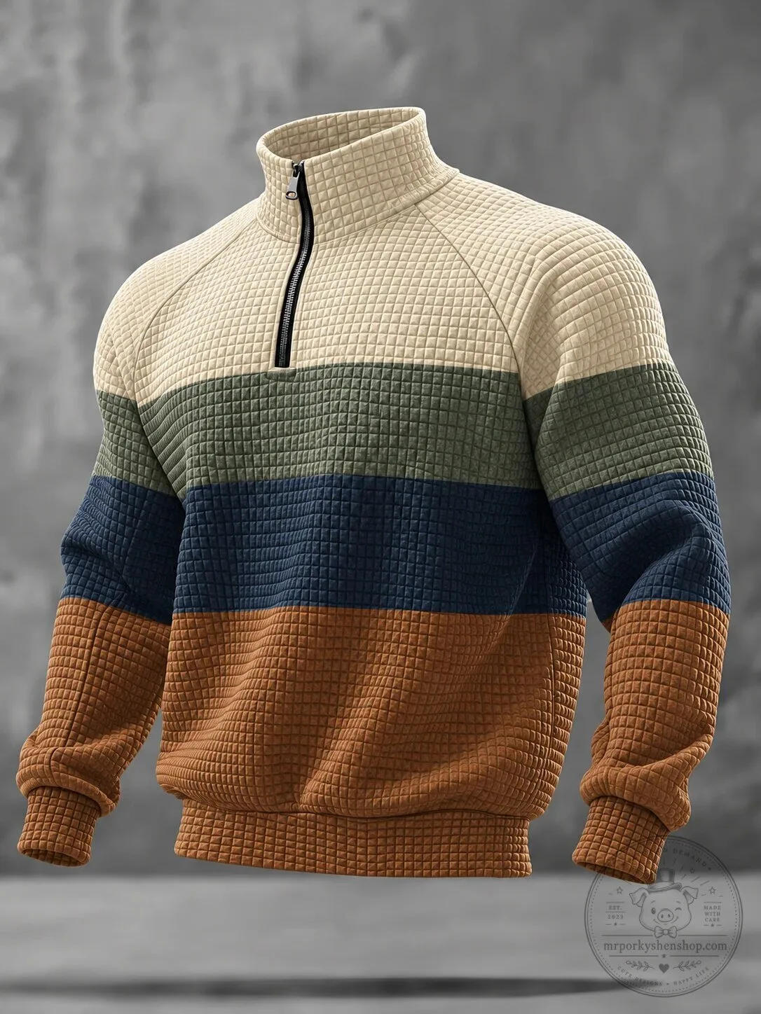 Men's Quilted Color Block Quarter Zip Pullover Sweatshirt