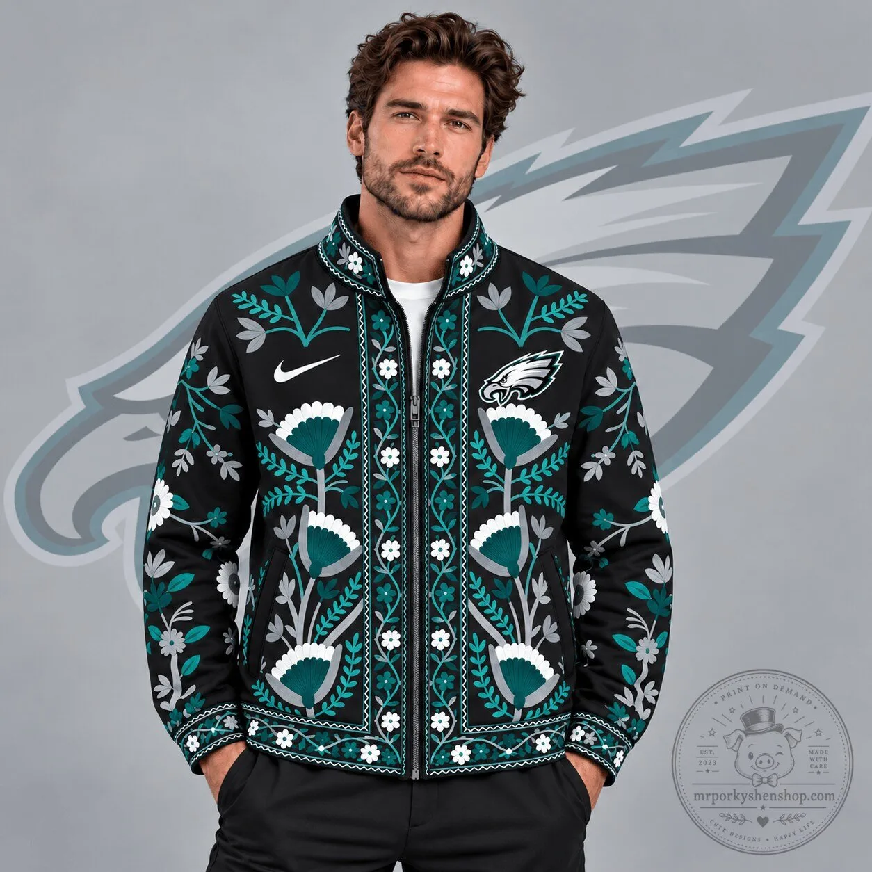 Philadelphia Eagles Folk Art Floral Print Full Zip Jacket