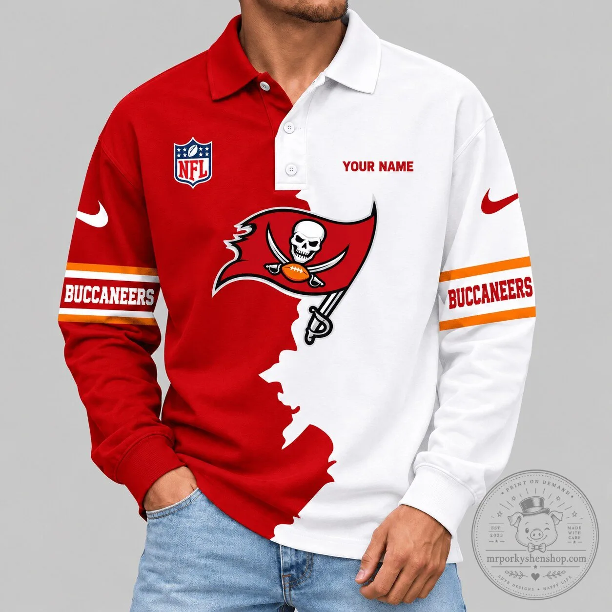 Tampa Bay Buccaneers Split Panel Long Sleeve Custom Polo Shirt for Men