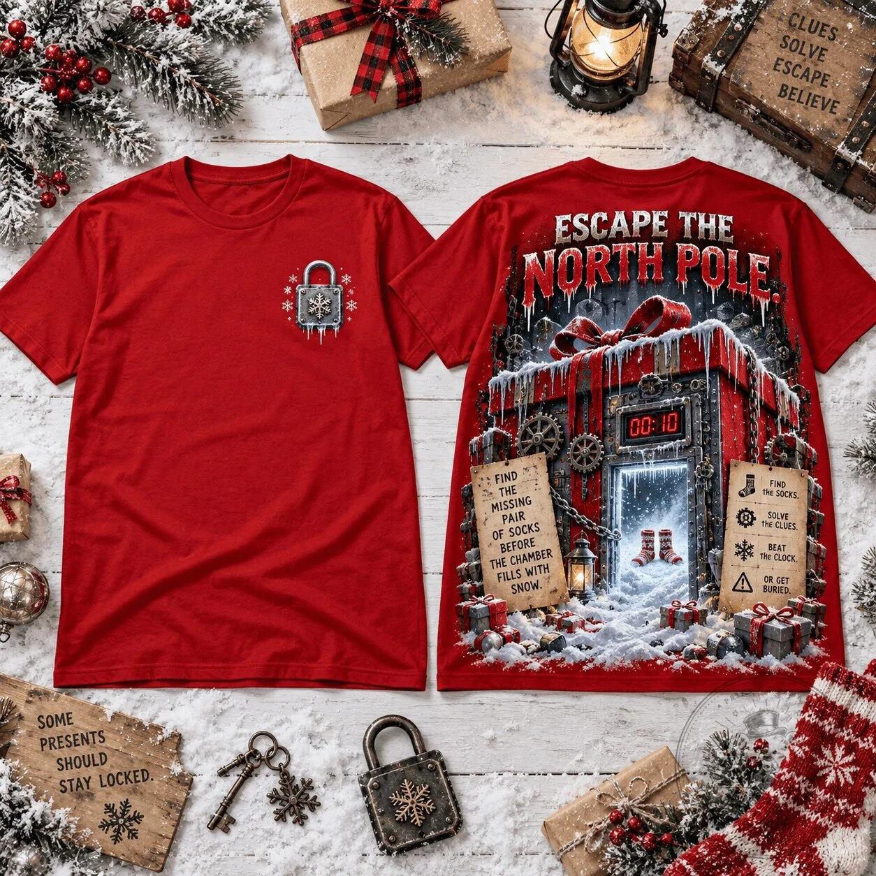 Escape The North Pole Christmas Holiday Horror Escape Room Game Red T-Shirt