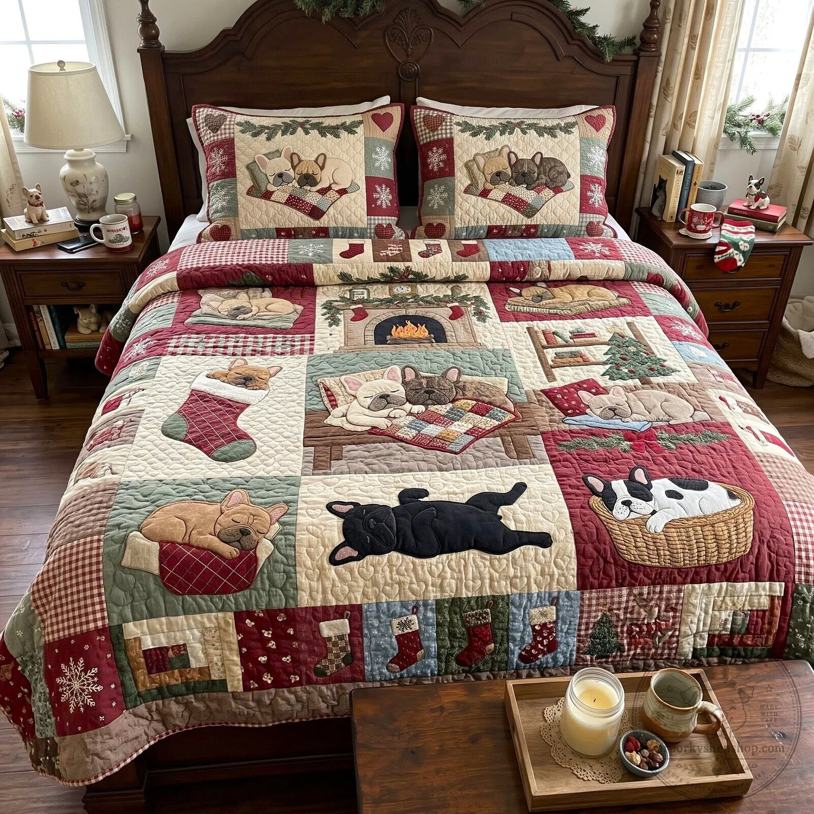 French Bulldog Christmas Holiday Quilted Bedding Set with Pillow Shams