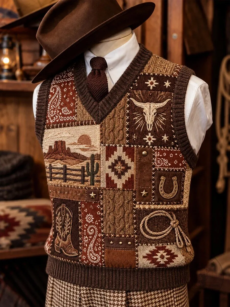 Western Cowboy Art Patchwork Knitted Pullover Sweater Vest for Men