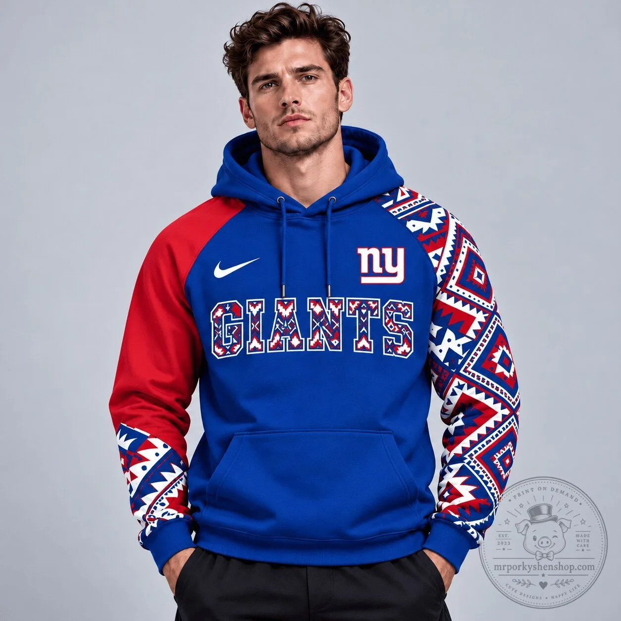 New York Giants NFL Football Team Aztec Pattern Colorblock Pullover Hoodie