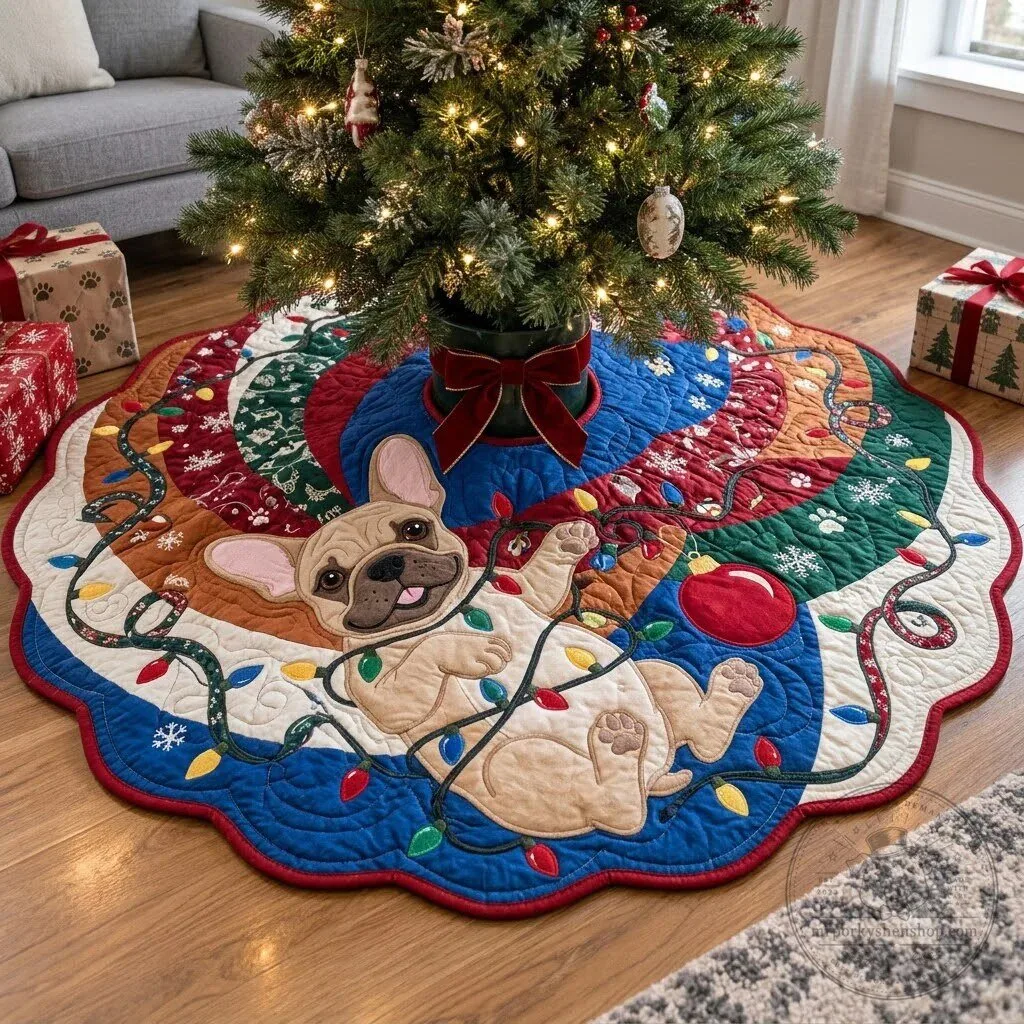 French Bulldog Christmas Lights Quilted Holiday Tree Skirt 7 French Bulldog Christmas Lights Quilted Holiday Tree Skirt